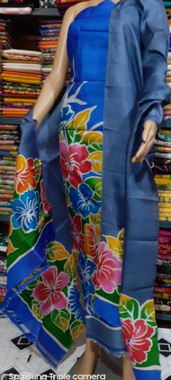 Silk Salwar Suit –  Ash & Blue Flower Motif