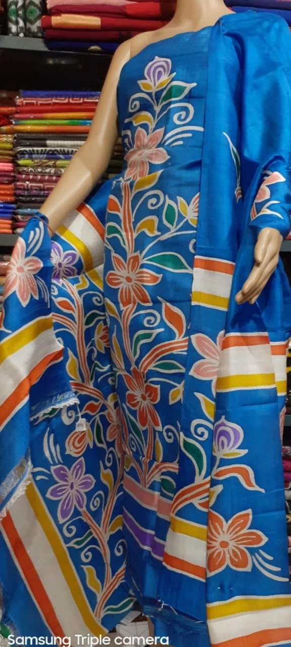 Silk Salwar Suit –  Blue Flowers & Leaves