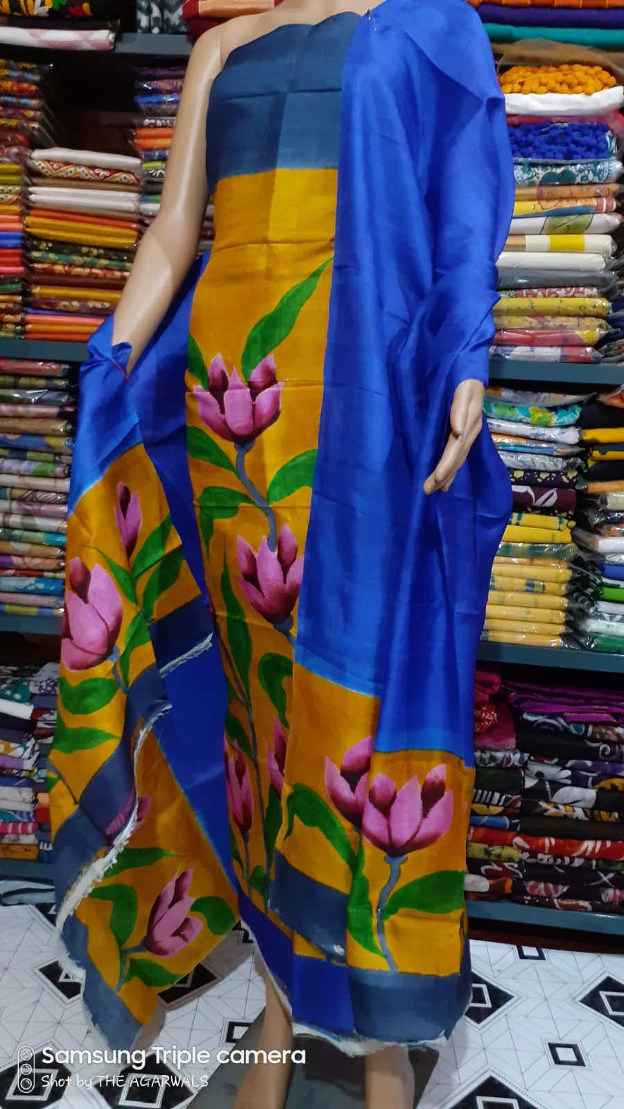 Silk Salwar Suit – Blue Yellow Lotus Motif