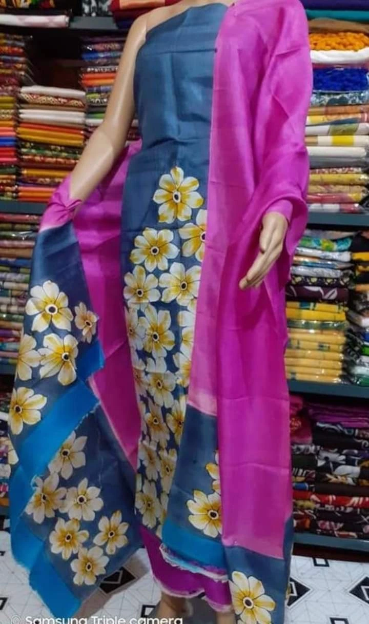 Silk Salwar Suit –  Bluish Grey Pink Flower Motif