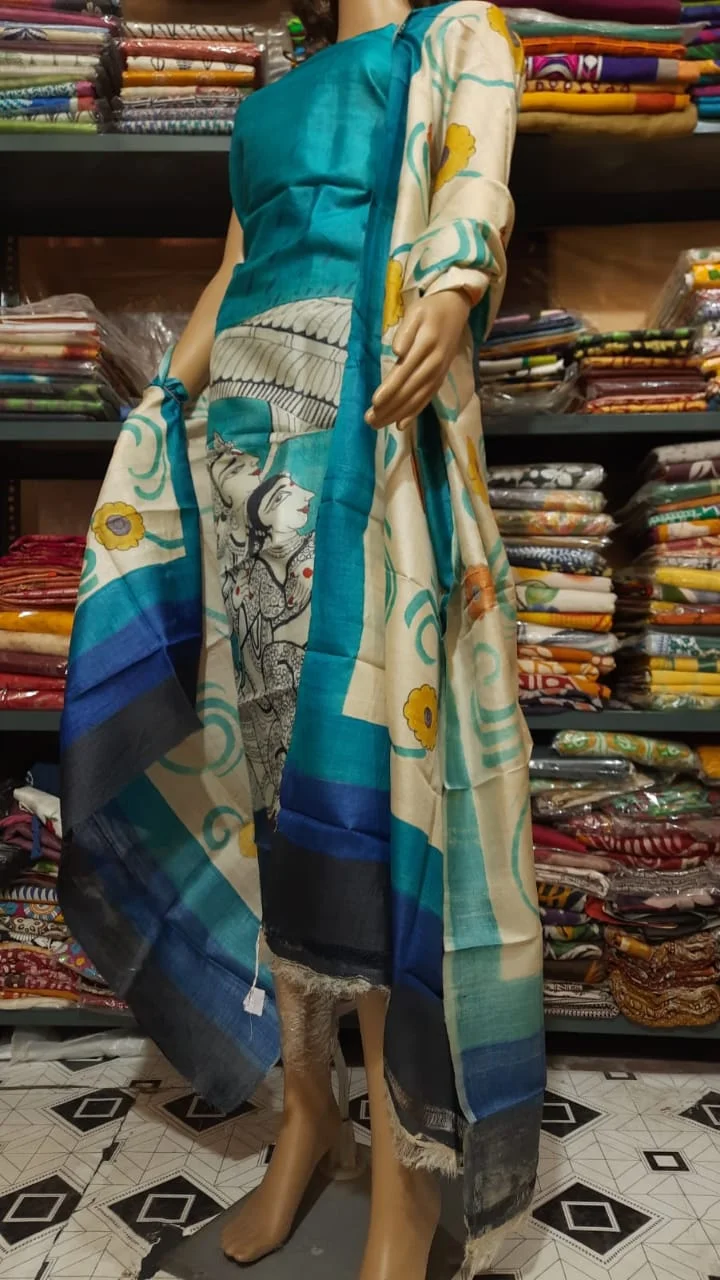 Silk Salwar Suit – Deep Cyan Figure Motif