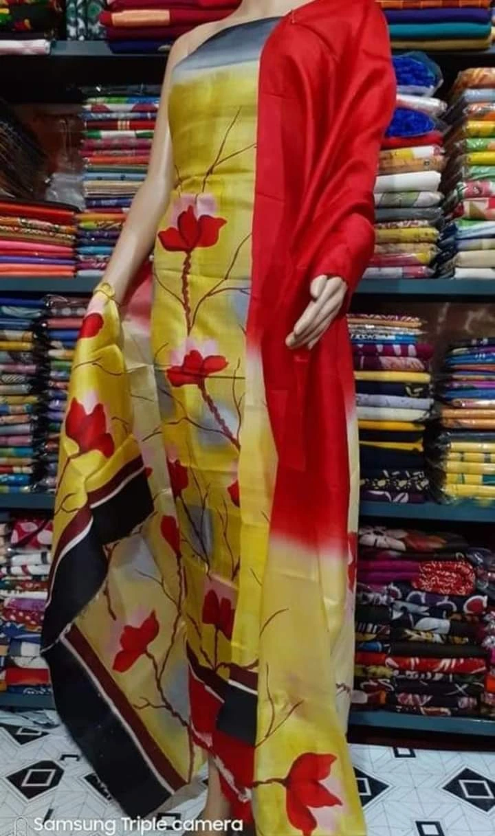 Silk Salwar Suit –  Lite Yellow Flower Motif