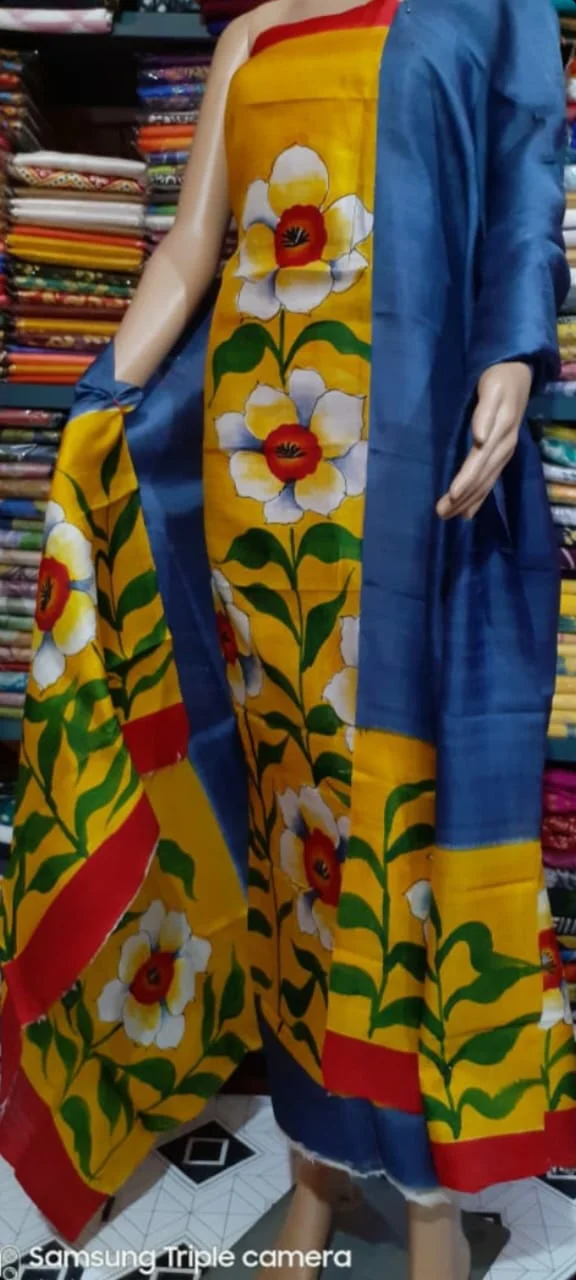 Silk Salwar Suit –  Mustard Yellow Flowers & Leaves