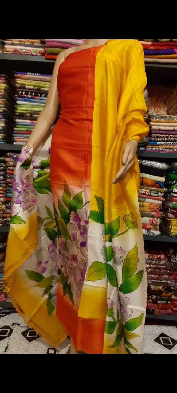 Silk Salwar Suit –  Orange & Yellow Flower Motif