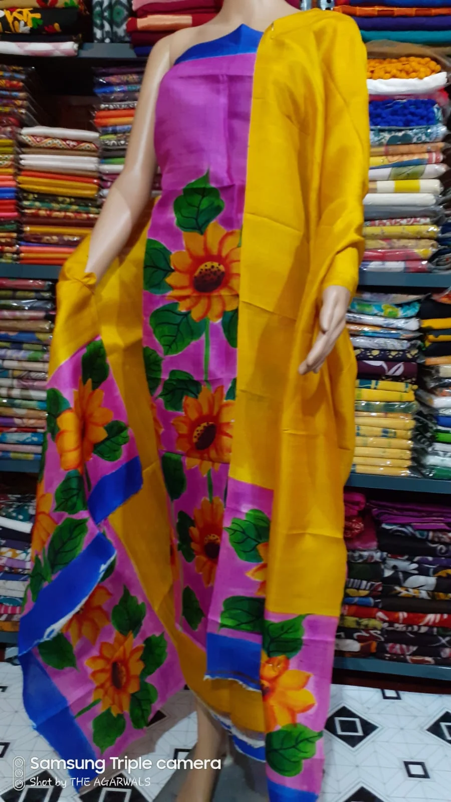 Silk Salwar Suit – Pink Yellow Sunflower Motif