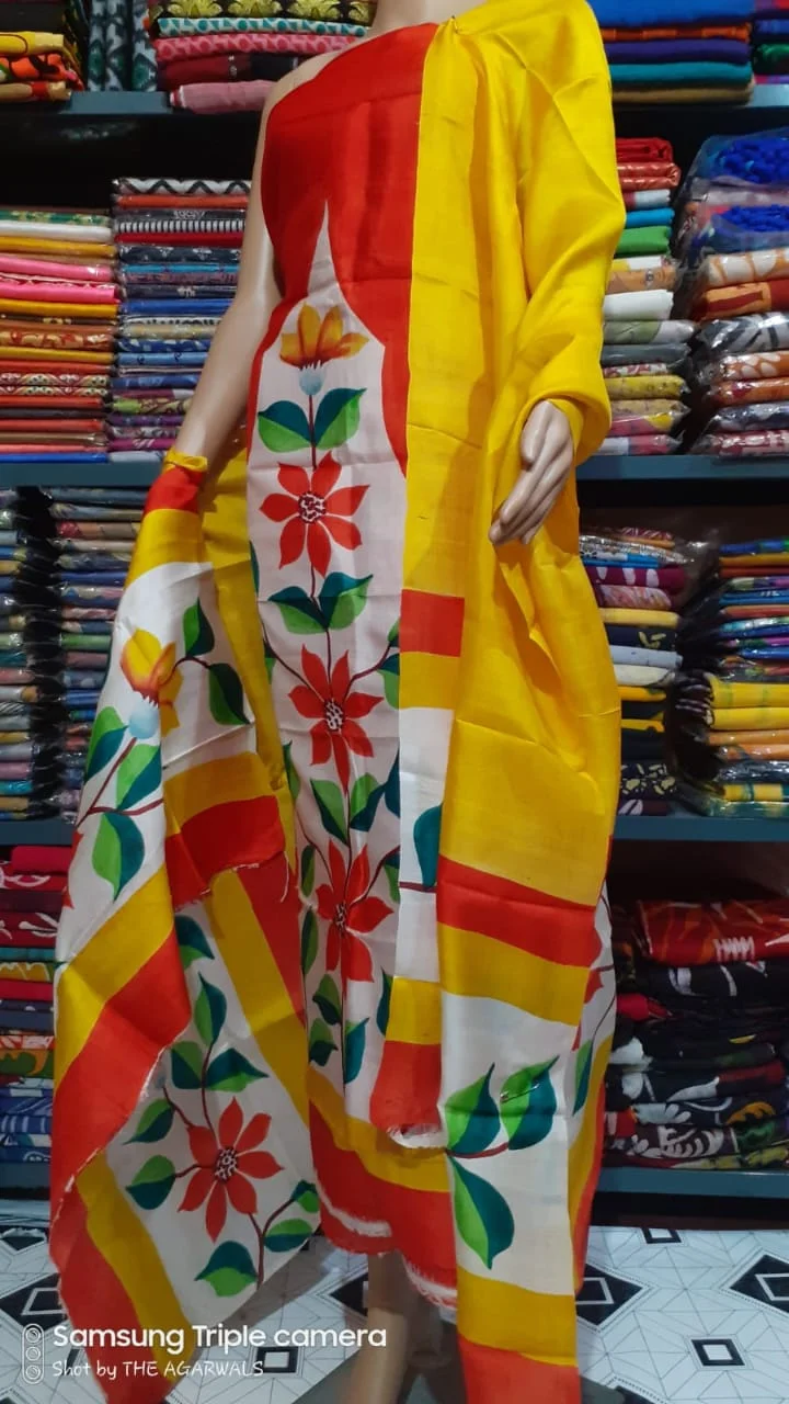 Silk Salwar Suit – Red Yellow Flower Motif