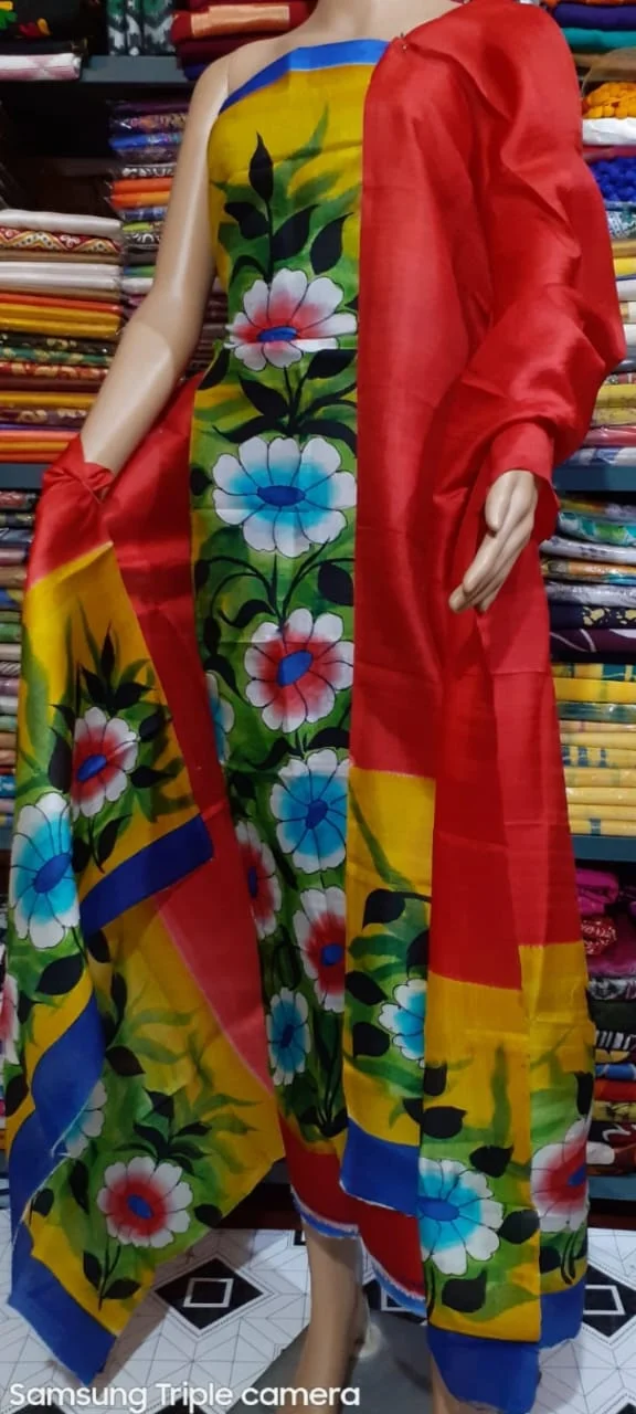 Silk Salwar Suit –  Red Yellow Flower Motif