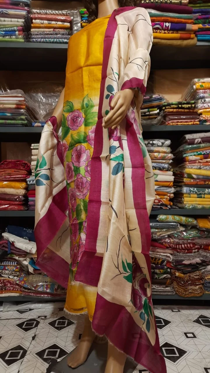 Silk Salwar Suit – Yellow Rose Motif